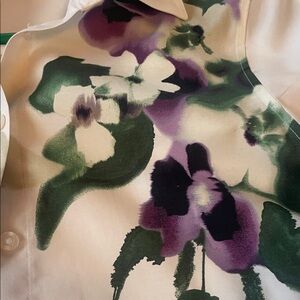 Chico's White Blouse with Purple and Green Floral Design